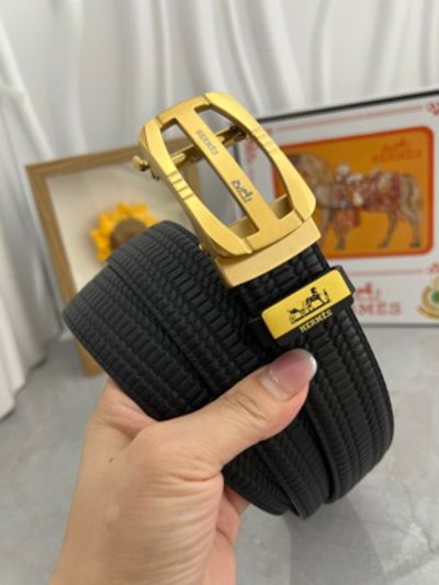 1:1  Hermes  Black Leather Belt  with Gold buckle "田"Shape Buckle 3.5cm